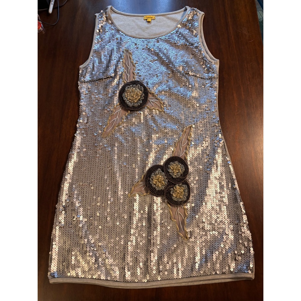 Lulumari Womens Silver Sequin Floral Applique Shift Dress Grey Knit Back Large